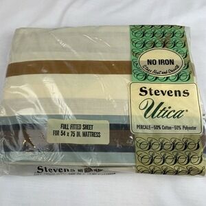 NOS Steven's Utica Full Fitted Sheet Cotton‎ Polyester Bengal Stripe